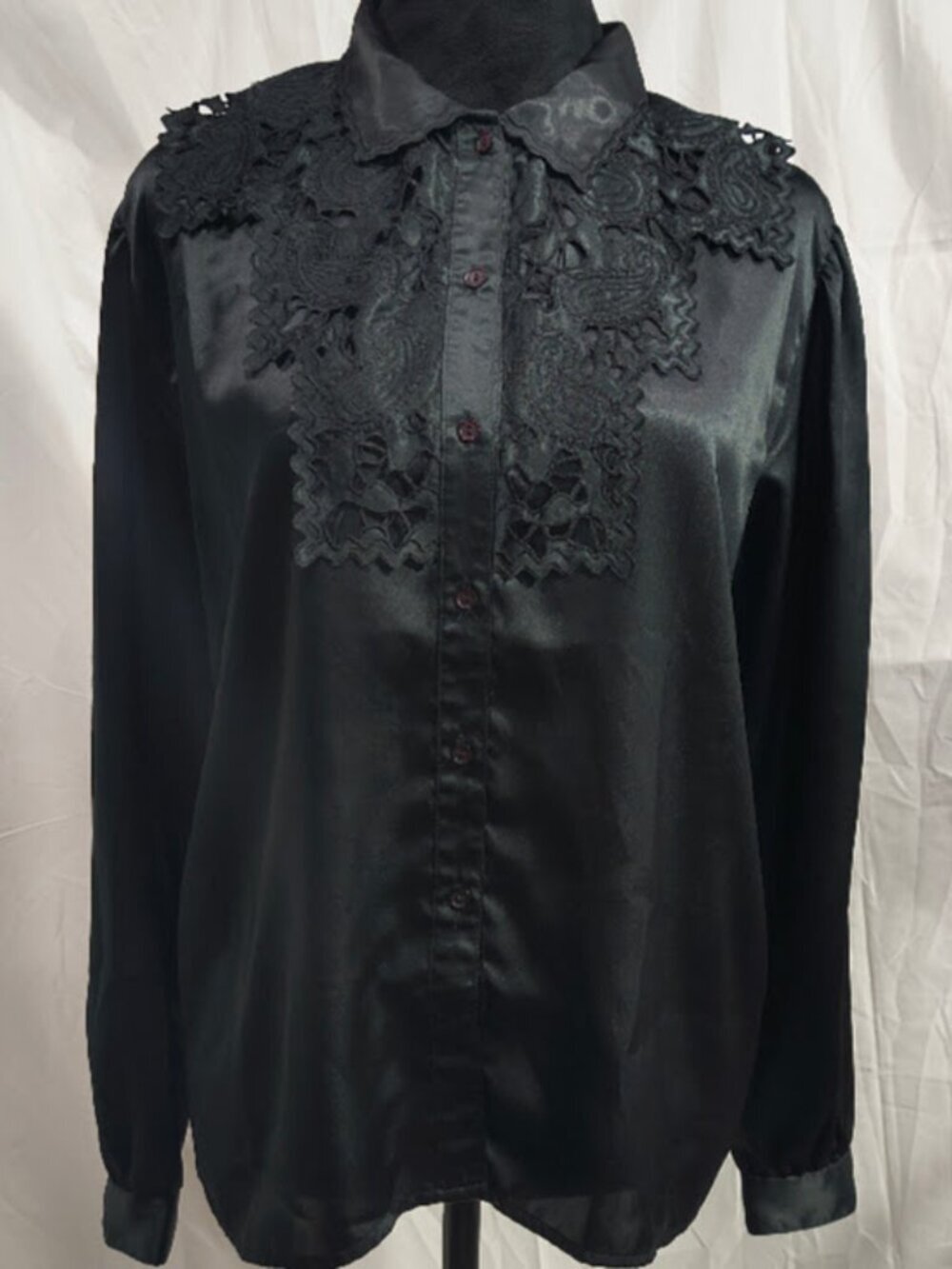 Vintage Barbara Karen Eyelet Embroidered Lace Black Blouse Size 8
